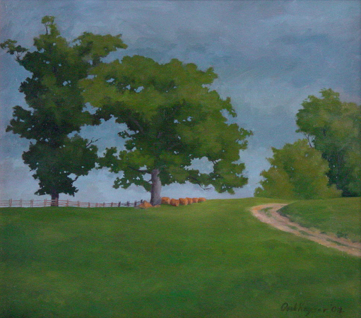 Hay Bales Under Oaks - Traditional Realism Painting by Paul Keysar