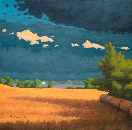 Stored Hay Bales - Traditional Realism Painting by Paul Keysar