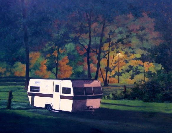 Camper - original Night series landscape Painting by Paul Keysar