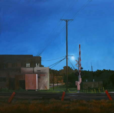 Corban Ave Railroad Crossing, Left - original Night series landscape Painting by Paul Keysar