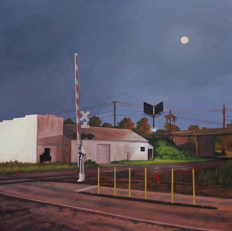 Corban Ave Railroad Crossing, Right - original Night series landscape Painting by Paul Keysar