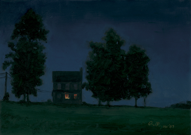 Night, Blue House on Clydesdale - Traditional Realism Painting by Paul Keysar